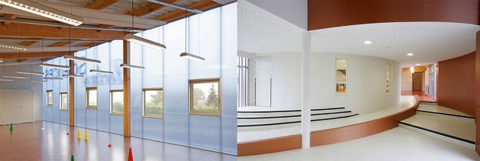 Salle polyvalente à charpente bois et paroi translucide bleutée, et hall courbe blanc et terracotta ponctué de gradins