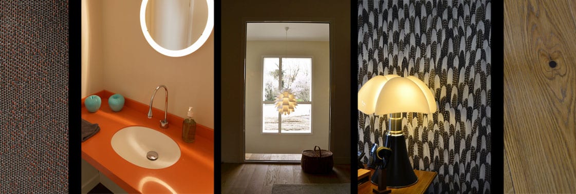 Détails : tissu tissé rouge et gris, plan vasque orange et miroir rond lumineux, entrée, lampe Pipistrello sur papier peint à plumes et détail de bois de chêne